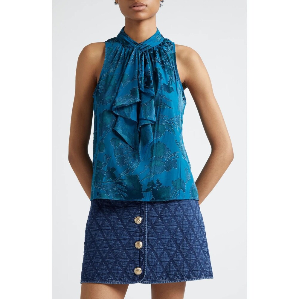Cinq à Sept Women’s Keoni Floral Satin Burnout Top size XS NWT Halter Bow Teal